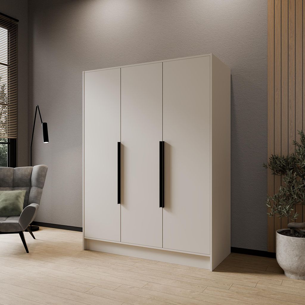 Glatter Drehtürenschrank 150 cm Mila 2 mit Metallgriffen, 3-türiger Kleiderschrank, Schrank mit Einlegeböden und Kleiderstange, Farbe: Kaschmir,...