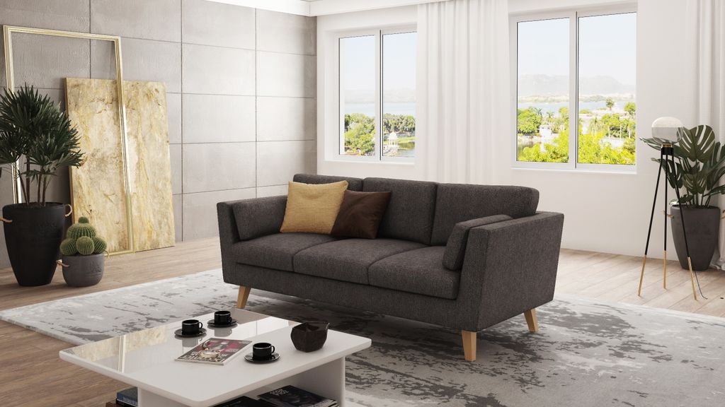 S-STYLE MÖBEL - Sofa 3-Sitzer mit Holzfüßen im skandinavischen Stil Elma aus Braun - Khaki Luxusmicrofaser, B/T/H: 206 cm/ 89 cm/ 90 cm