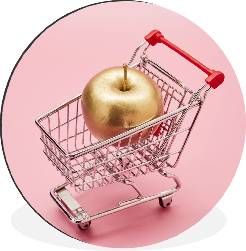 MuchoWow Aluminium Wandkreis Stillleben eines Miniatur-Einkaufswagens mit einem goldenen Apfel darin Ø 60 cm Wanddeko Modern Wohnzimmer - Wand K...