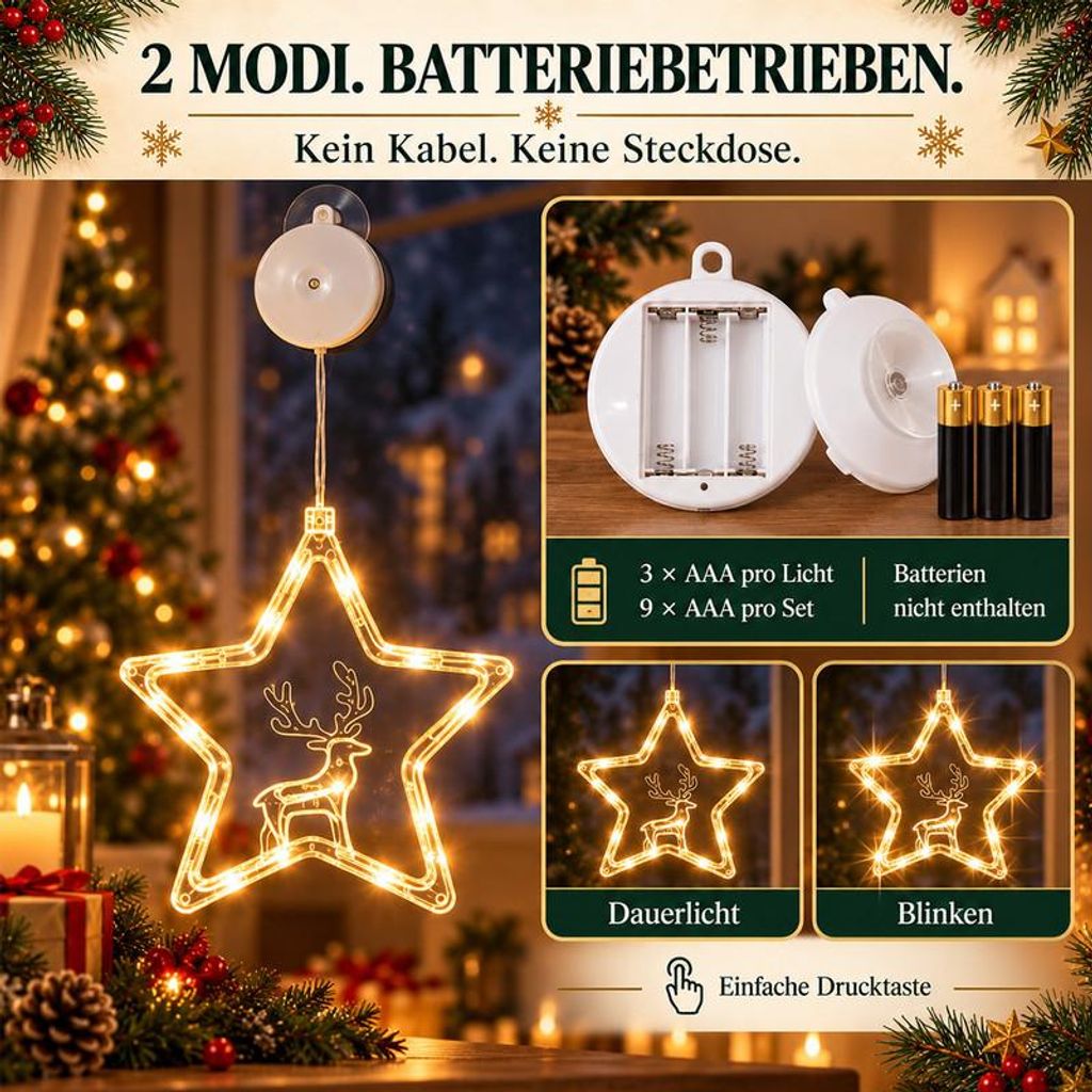 Weihnachtsbeleuchtung Fenster 3er Set, LED Dekolicht warmweiß, Stern Baum Rentier, mit Saugnapf für Weihnachtsdeko