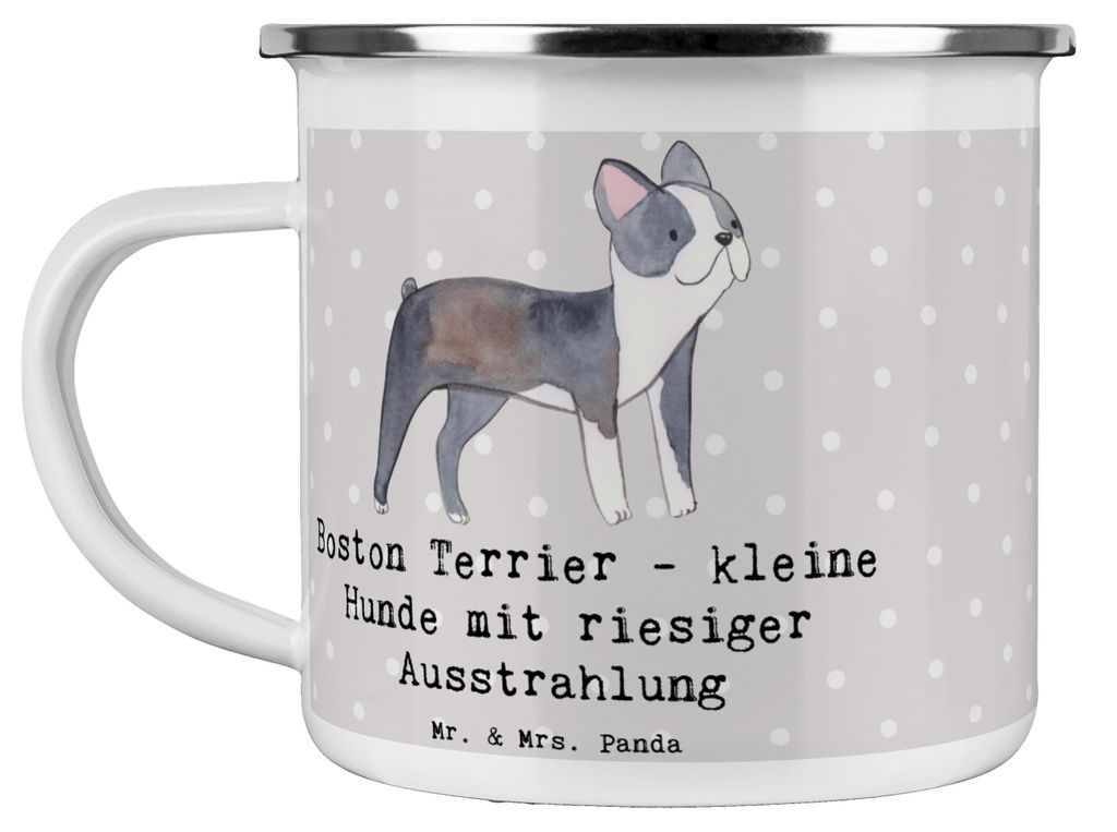 Mr. & Mrs. Panda Pott Boston Terrier - Grau Pastell - Geschenk, Emaille Tasse, US-Hunderasse, unbändige Energie, becher, Familienhund, Hundeliebha...
