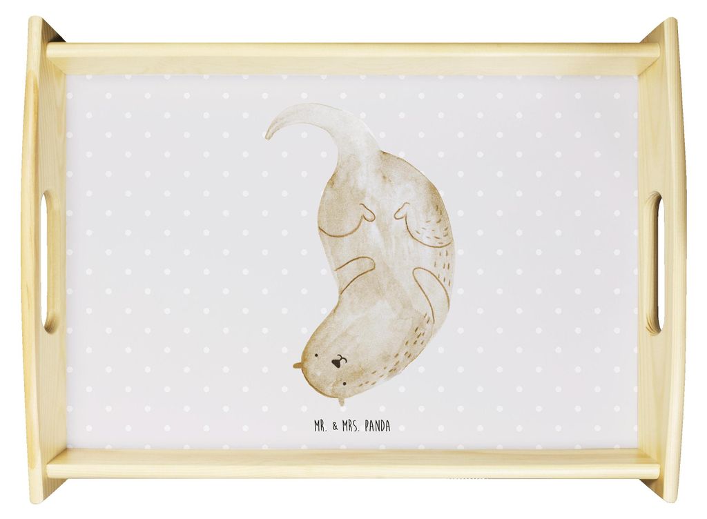 Mr. & Mrs. Panda Tablett Otter Kopfüber - Grau Pastell - Geschenk, Niedlich, Sofa, Süß, Serviertablett, Holztablett, Seeotter See, aus holz, Deko