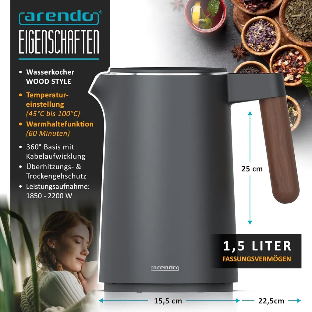 T24 Bollitore Elettrico In Acciaio Inox 1,7L - 2200W, 7 Temperature (40-100°C), Display LCD, Mantieni Caldo, Colore Space Petrol