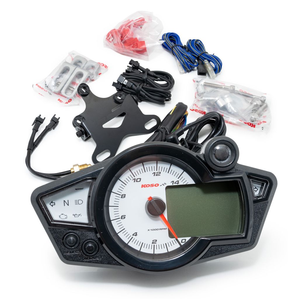 Koso Tachometer Digital Cockpit RX1N GP Style Drehzahlmesser mit ABE, weiß / blaues Display kompatibel mit Fahrzeugen mit 12V Bordnetz