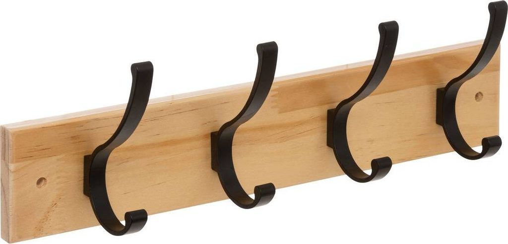 A wooden coat rack with four black metal hooks against a white background.