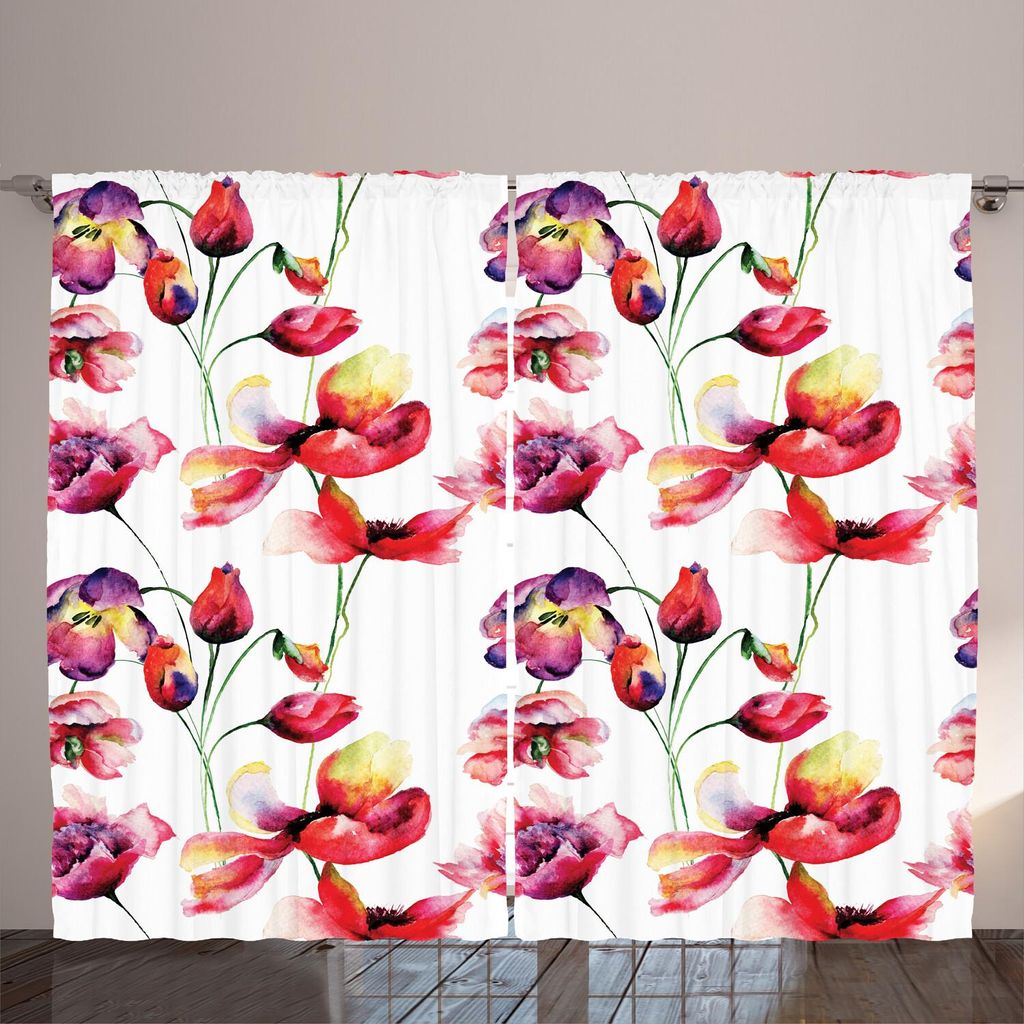 ARANDE Tulpe Gardine, Pastell Farbigen Blooming Grungy Unebenen Tulip Und Poppy Flower Patterns Naturthema, 280 x 245 cm, Weiß Rot