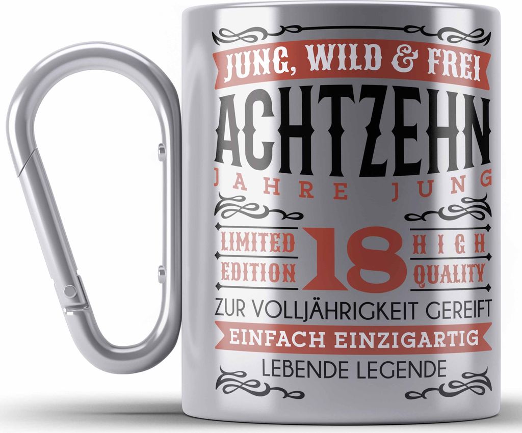 Trendation - 18. Geburtstag Edelstahl Tasse Karabiner Geschenk 18er Geschenkidee Mädchen Jungen Lustiger Spruch Legende (Silber)