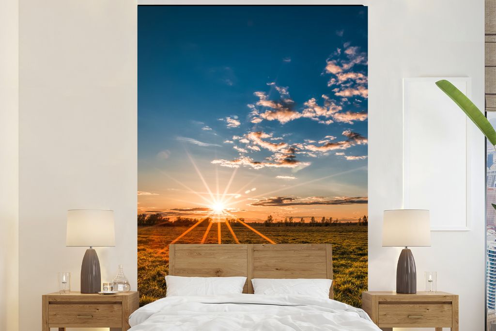 MuchoWow Fototapete für Wohnzimmer oder Schlafzimmer Wandtapete Vinyl Motivtapete Sonnenuntergang - Natur - Wolken - Gras - 160x240 cm - Vinylta...