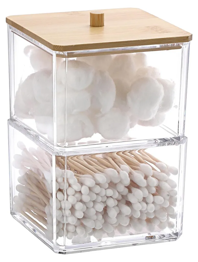 Distributeur coton tige et disques acrylique empilable couvercle bois