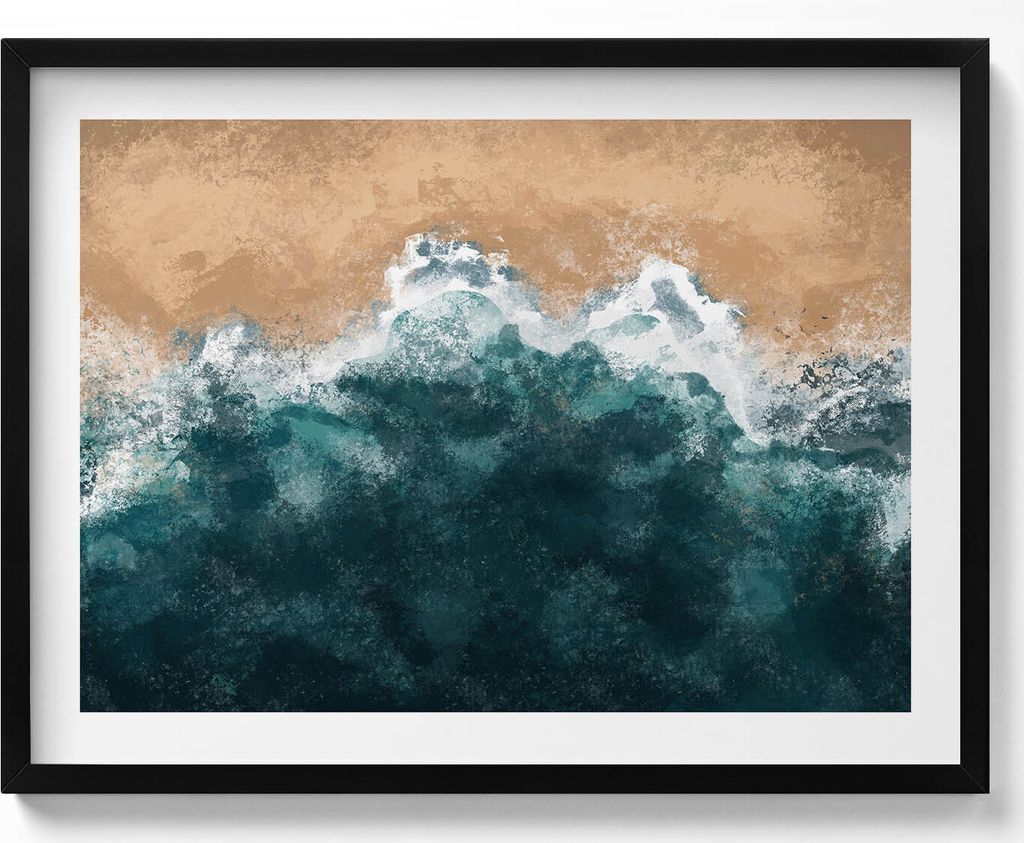 Illustration von Meereswellen und Strand aus der Vogelperspektive– Wandbild mit Rahmen – Gerahmtes Bild – Wanddekoration – 80x60 cm – S...