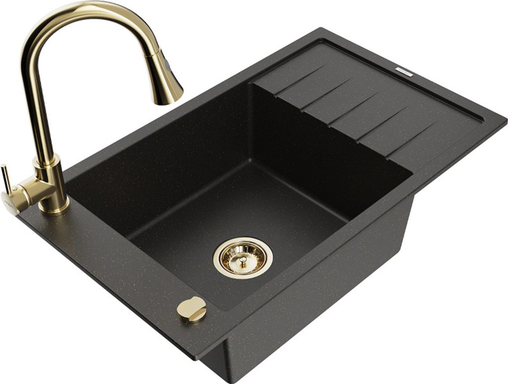 Mexen Elias 1 Becken-Granitspüle mit Abtropffläche und Mischbatterie Elia, Schwarz/Gold metallisch - 6511-75-670101-50