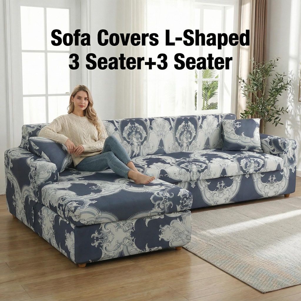Sofa Überzug Couch Überzug 2er Set für Ecksofa L-Form Sofabezug 3 Sitzer+3 Sitzer, Universal Stretch Antirutsch Sofabezug, Dunkelblau/Weiß