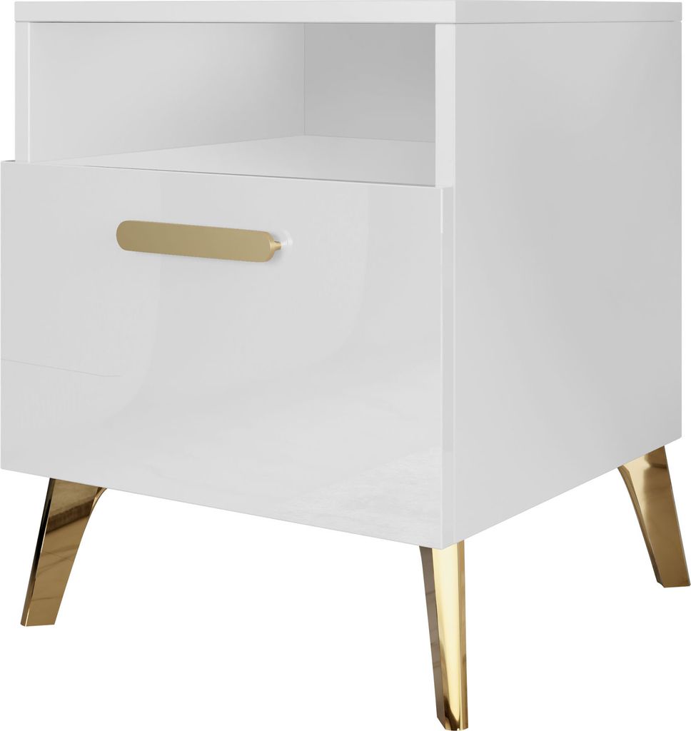 MIRJAN24 Nachttisch Picru 1SZ, Schlafzimmer Nachtschrank mit Schublade, Schlafzimmer Kollektion (Farbe: Weiß / Weiß Hochglanz + Gold)
