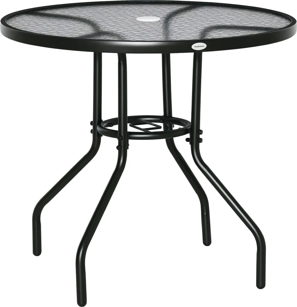 Table à manger de jardin ronde avec trou de parasol et plateau verre