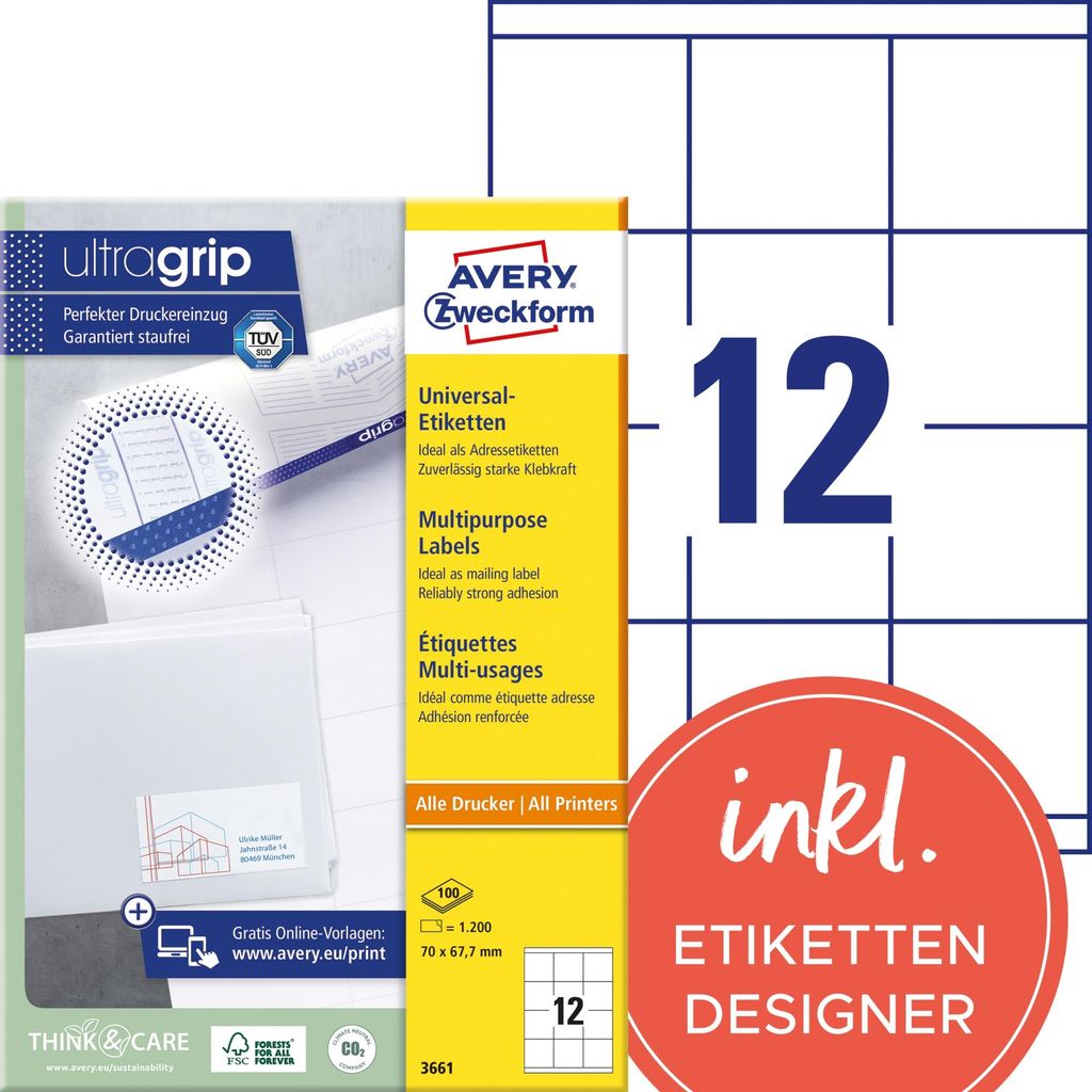 Avery Zweckform 3661 Universal-Etiketten, 70 x 67,7 mm, 100 Produktbild 