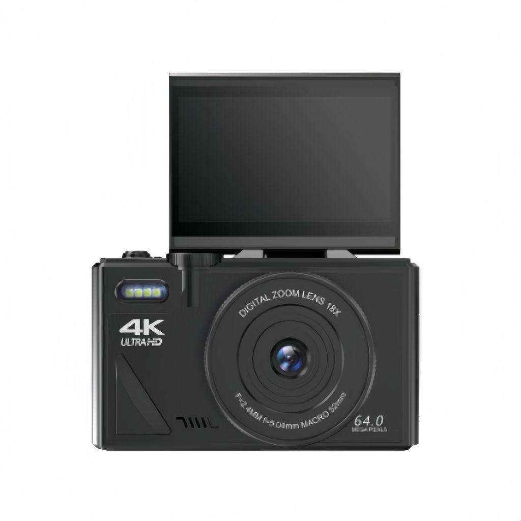 A black digital camera with its screen flipped up, shown against a white background.