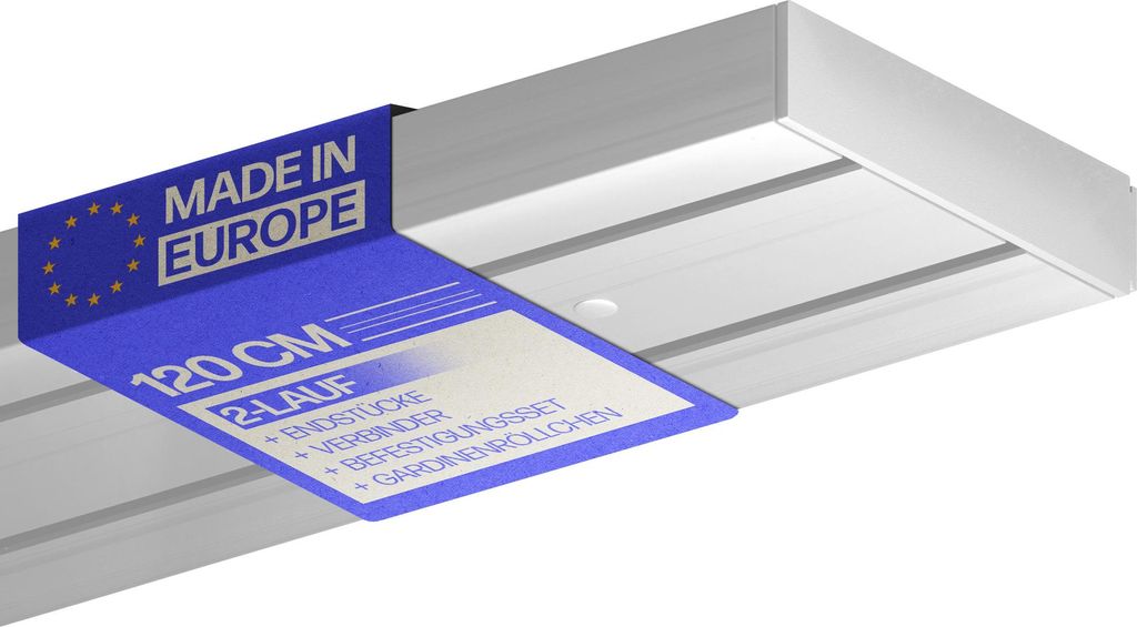 A close-up shot of a silver curtain rail with a blue tag attached.