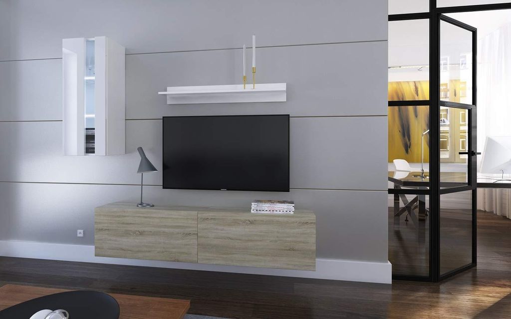 Furnitech Wohnwand Wohnzimmer - Wohnzimmer Möbel mit LED Blau - Hängend Wohnwand Modern - Regale und TV Schrank (Mery AN271-17SW-HGM44 1A Klein)