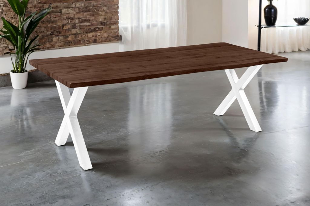 Esstisch Josy | 220 x 100 cm | Holz Nussbaum-Optik | X-Gestell Metall weiß | 40 mm Tischplatte mit Baumkante | Tisch für Esszimmer & Küche