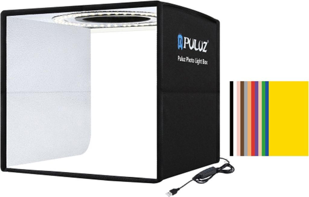 PULUZ 250mm tragbarer klappbarer Fotografie-Lichtkasten Ringlichttafel 3 Lichtmodi 10 Helligkeitsstufen USB-Kabelsteuerung mit 6 doppelseitigem Hin...