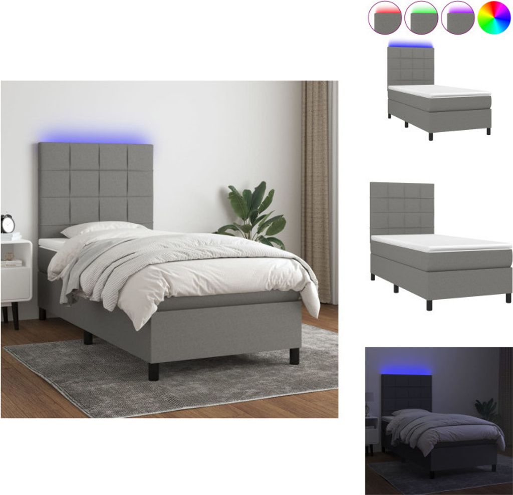 vidaXL Boxspringbett mit Matratze & LED Dunkelgrau 90x200 cm Stoff - Betten & Bettgestelle