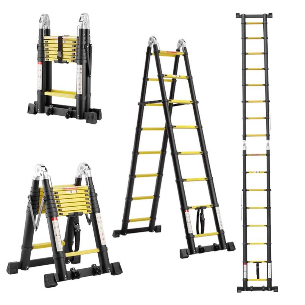 TEENO Teleskopleiter 5 m (2,5+2,5), 2-in-1-Klappleiter, Aluminium-Teleskopleiter, Klappleiter mit Rollen unten, 150 kg Tragkraft, schwarz