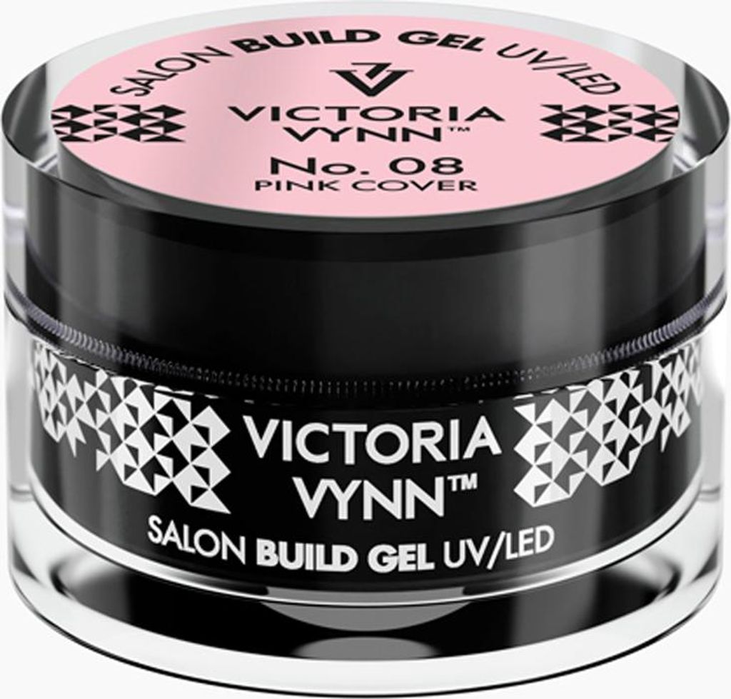 A product shot of a nail builder gel in a clear jar with a black lid and a pink label.