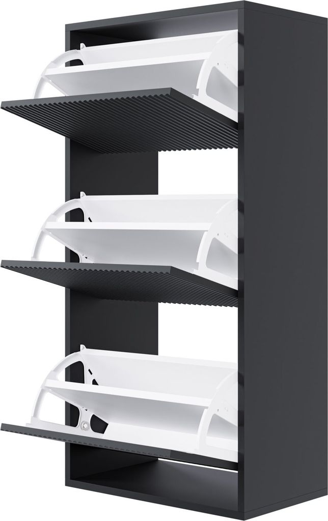 A three-tier shoe cabinet with open doors, shown against a white background.