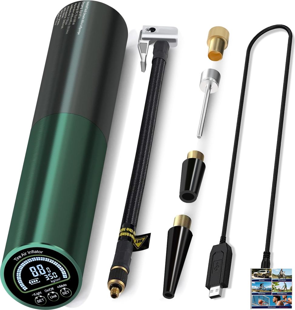 WeRoll Akku Luftpumpe Kompresor 140PSI 3000 mAh, LED-Licht, Digitalanzeige, Auto-Stopp, 12V/Akku, für E-Scooter, Auto, Fahrrad & mehr