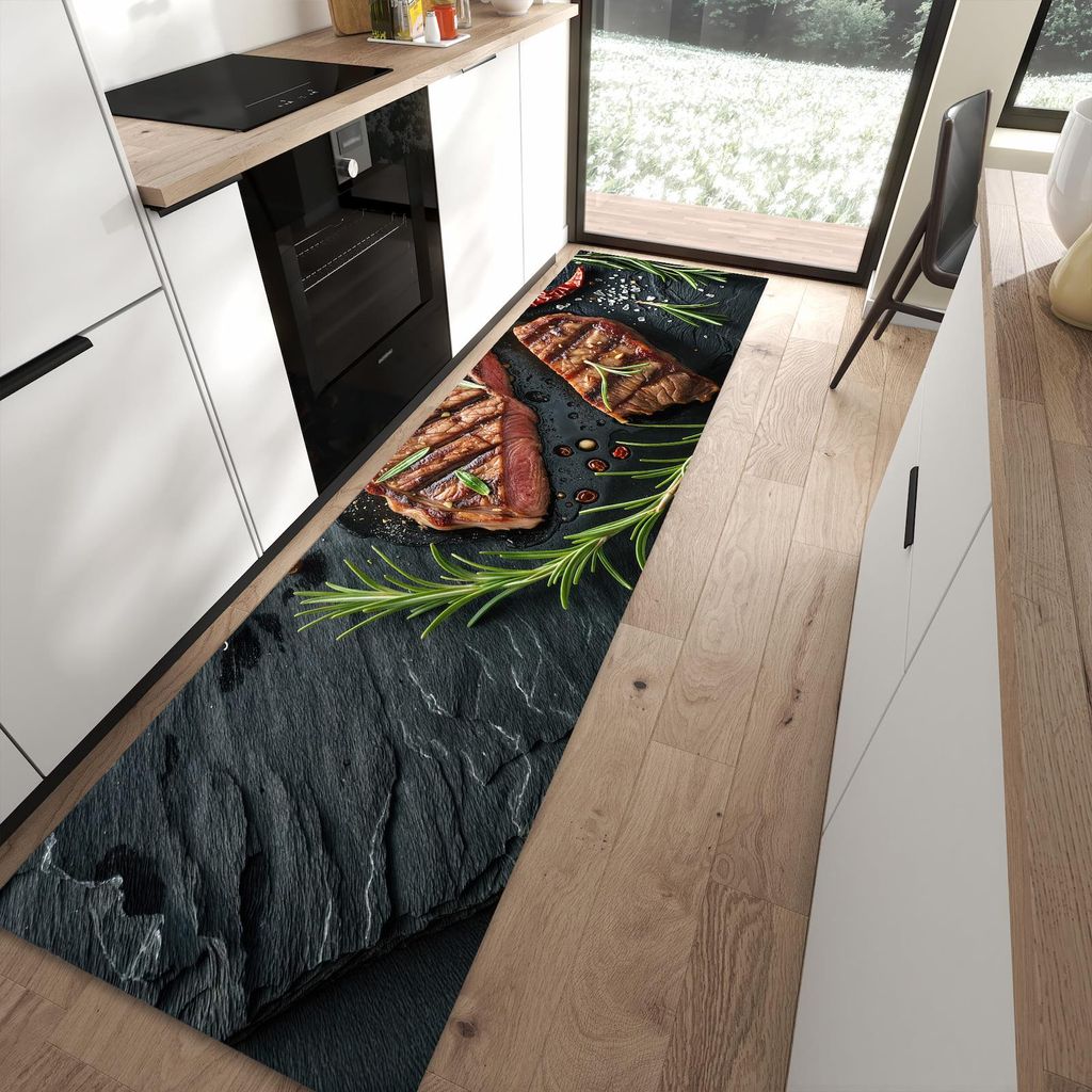 Küchenteppich 80x300cm rutschfest & abwischbar PVC Läufer - Steak von Gegrilltes