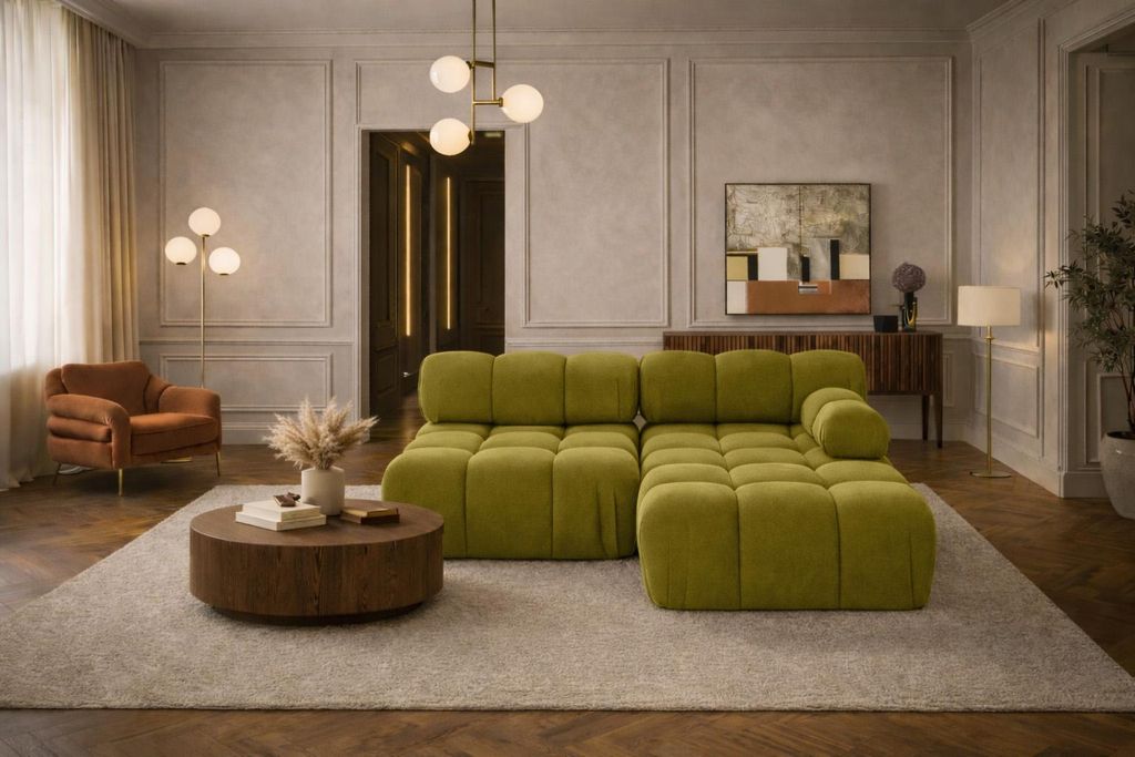 Kaiser Möbel Ecksofa L-Form Mini II modular, Veloursstoff Salvador, Olive, Rechts, Selia