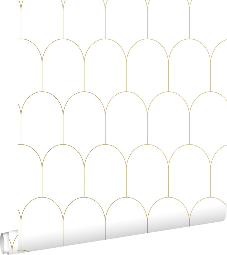 ESTAhome Tapete Art Decó Muster Weiß und Gold 53 cm x 10.05 m