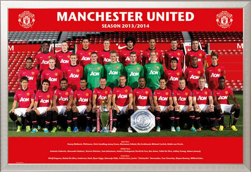 Calcio - Poster - Manchester United - Foto di squadra 13/14 + cornice rimovibile, Shinsuke® Maxi alluminio argento, vetro acrilico