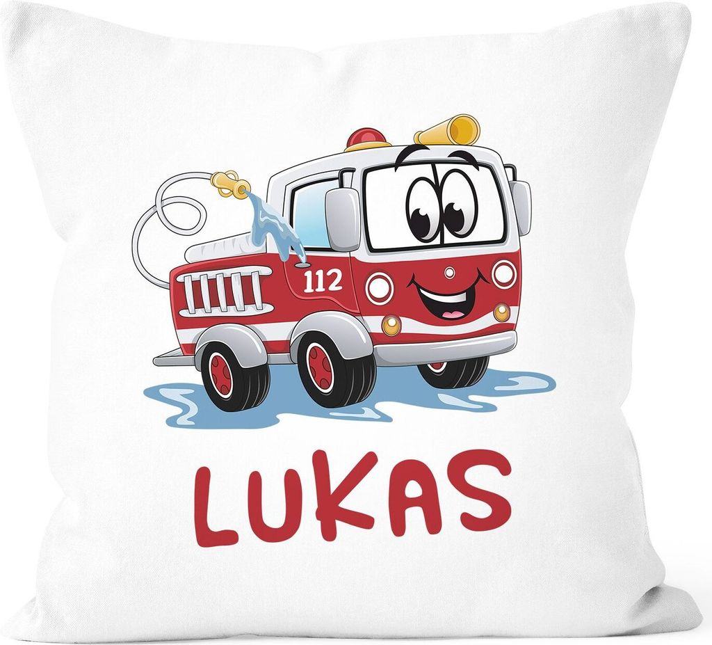 Kissen-Bezug mit Namen Wunschname Feuerwehr-Auto Namenskissen Junge Kinder Baby SpecialMe weiß unisize