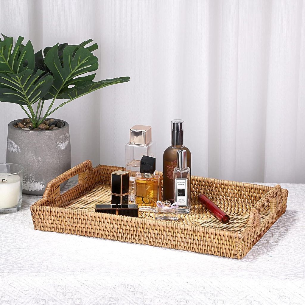 Dienblad aus Rattan für Zuhause - Dekoratives Display mit Griff - 37 x 27 cm Natürliches Riet