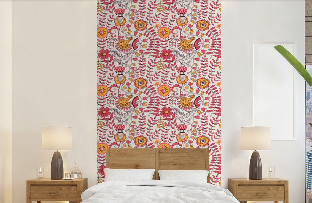 MuchoWow Fototapete für Wohnzimmer oder Schlafzimmer Wandtapete Vinyl Motivtapete Blumen - Design - Rosa - Orange - 120x240 cm - Hintergrundbild