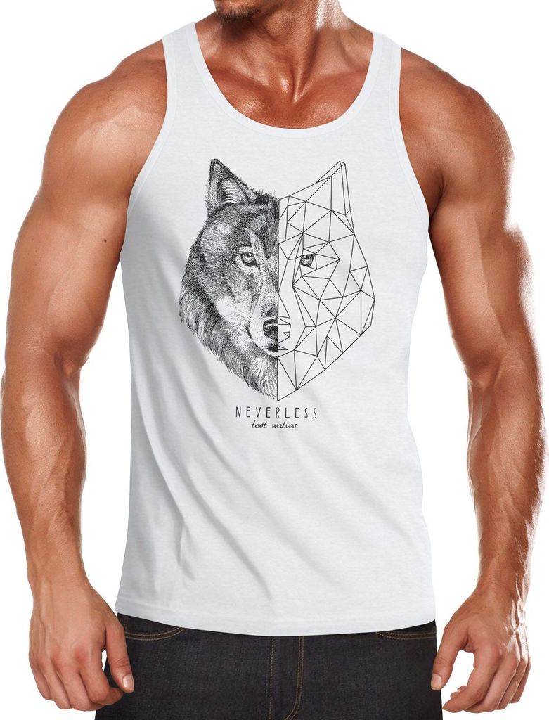 Herren Tank-Top Wolf Polygon Kunst Grafik Tiermotiv Printshirt Muskelshirt Muscle Shirt Neverless weiß L