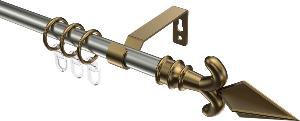 Interdeco Gardinenstange / Vorhangstange Edelstahl-Optik / Messing Antik, Typ Olymp Matteo (Pfeil), 16 mm Ø 1-läufig, 100 cm