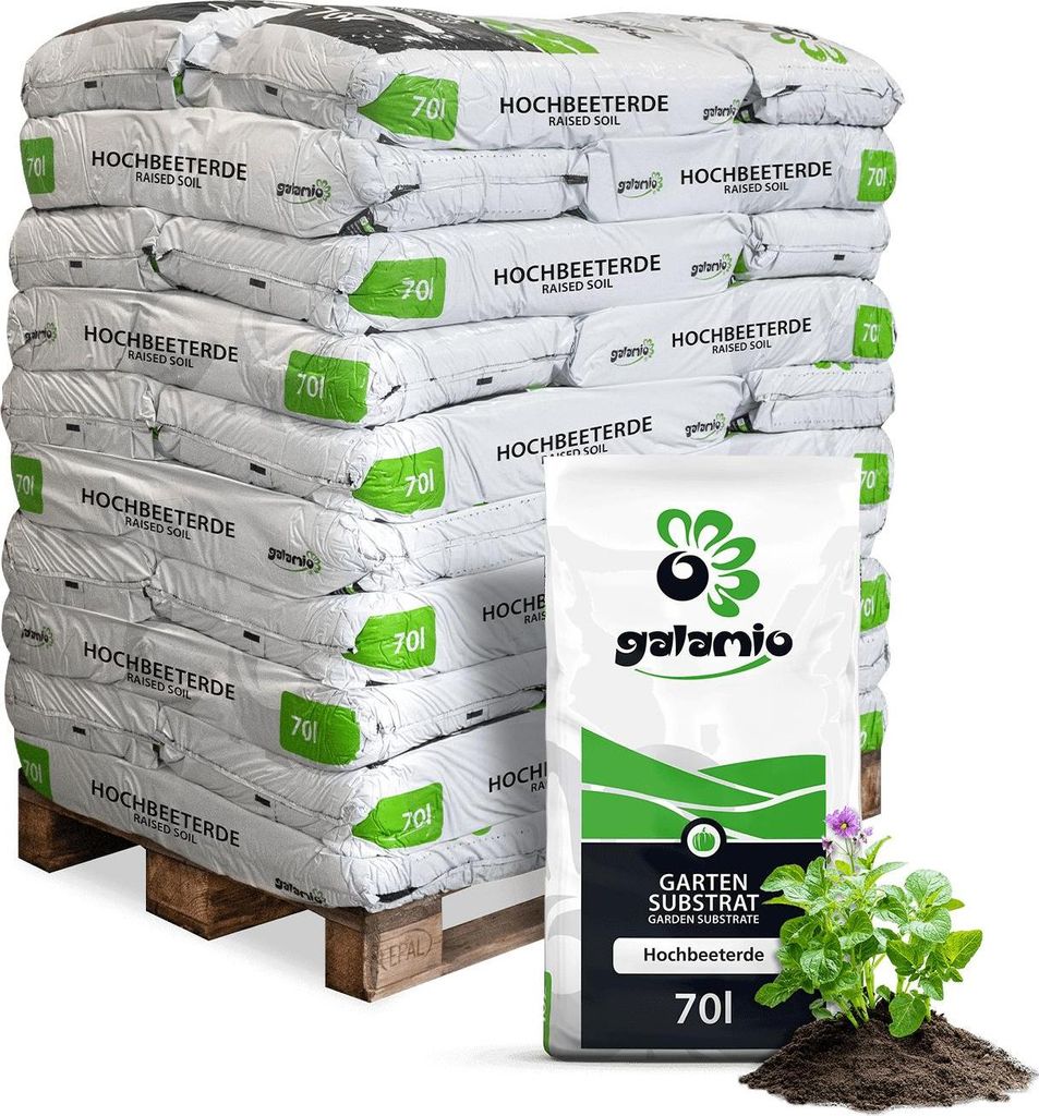 A stack of bags of soil on a pallet, with one bag in the foreground next to a small plant.