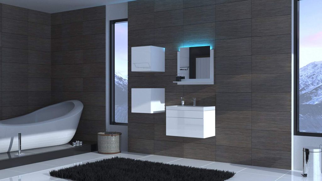 Furnitech ALIUS 30 Badezimmer Bademöbel Badeschränke Spiegel Set (Möbel ohne LED, Weiß)