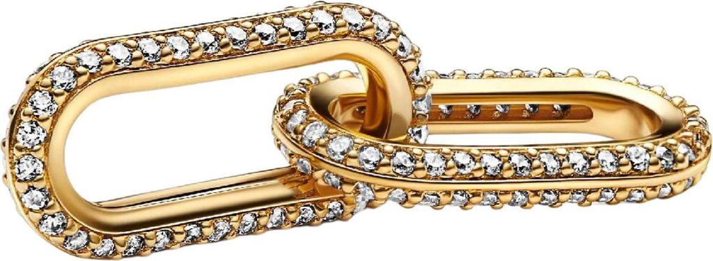 A close-up studio shot of a gold double link charm encrusted with small clear stones.