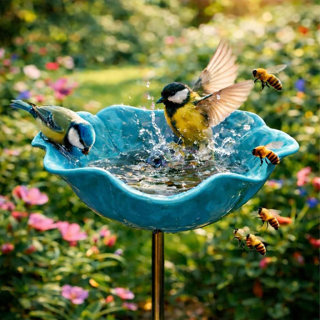 Vogeltränke mit Erdspieß Blume“ aus Metall Bienen Tränke Vogelfutterschale Dekorativer Garten für Vögel, Bienen & Schmetterlinge Blau