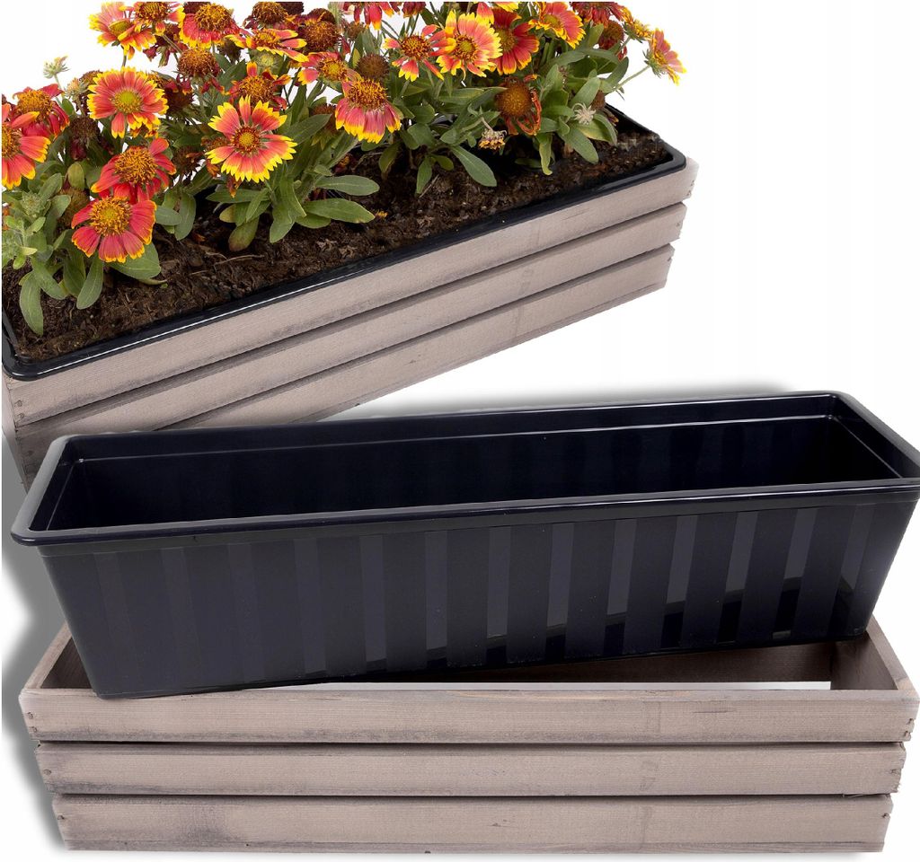 A planter box with flowers and a separate plastic insert.