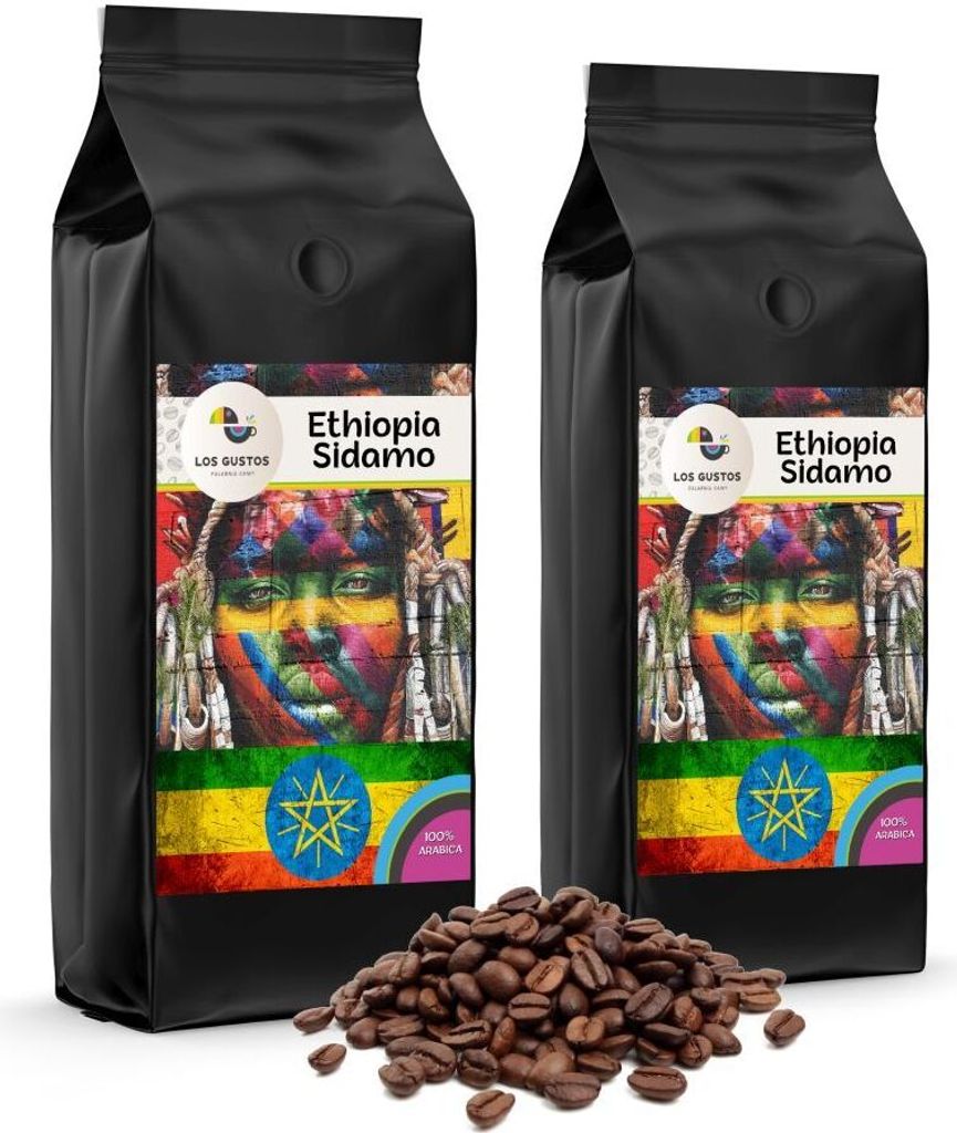 Los Gustos Ethiopia Sidamo Kaffee-Bohnen 2x1000 g, Ungemahlen, Kaffeebohnen für Kaffee-Vollautomat, Frisch Geröstet
