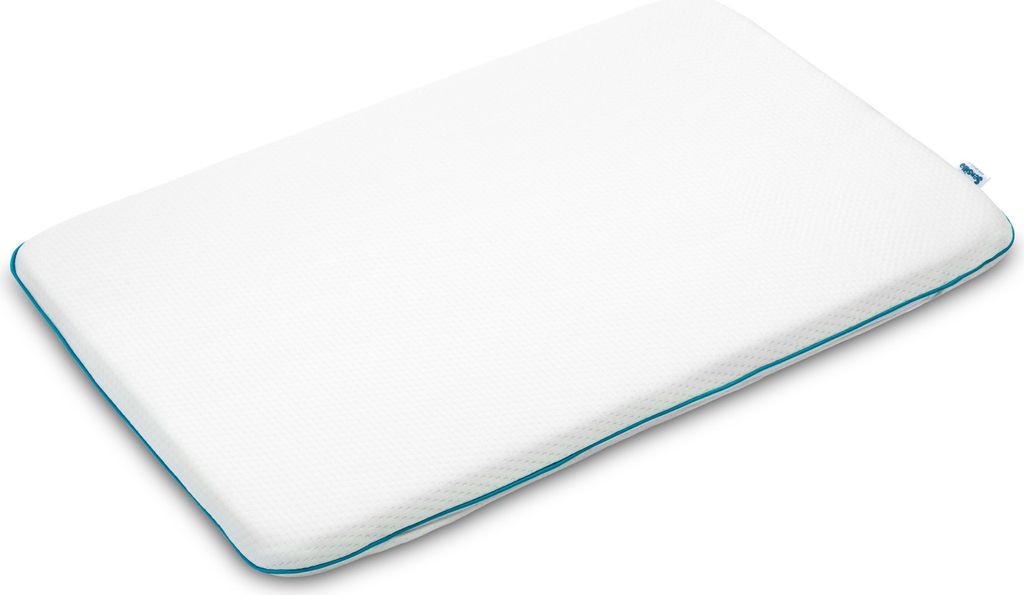A white memory foam pillow with a teal trim, shown from a diagonal angle on a white background.