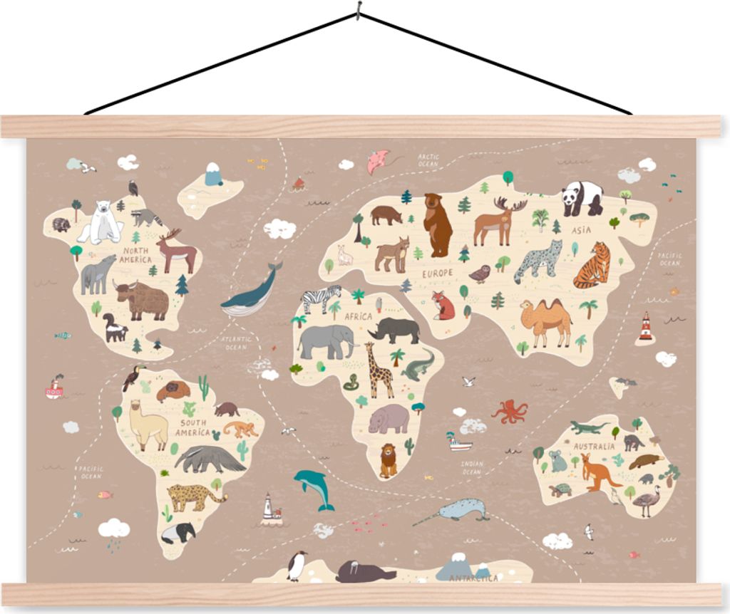 MuchoWow Textilposter Weltkarte Kinder - Tiere - Braun - Jungen - Mädchen 60x40 cm mit holzfarbenen Rahmen - Bilder