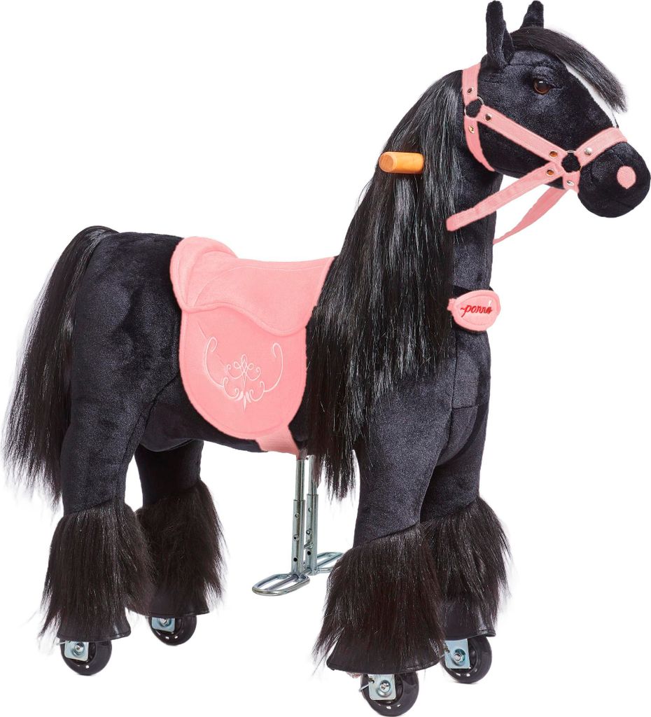 A black plush toy horse with a pink saddle and bridle, on wheels.