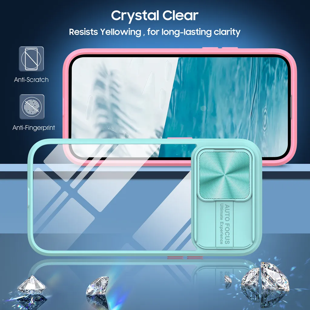 Custodia per iPhone 15 Pro Max Custodia ibrida trasparente in TPU con copertura scorrevole della fotocamera Azzurro - 2