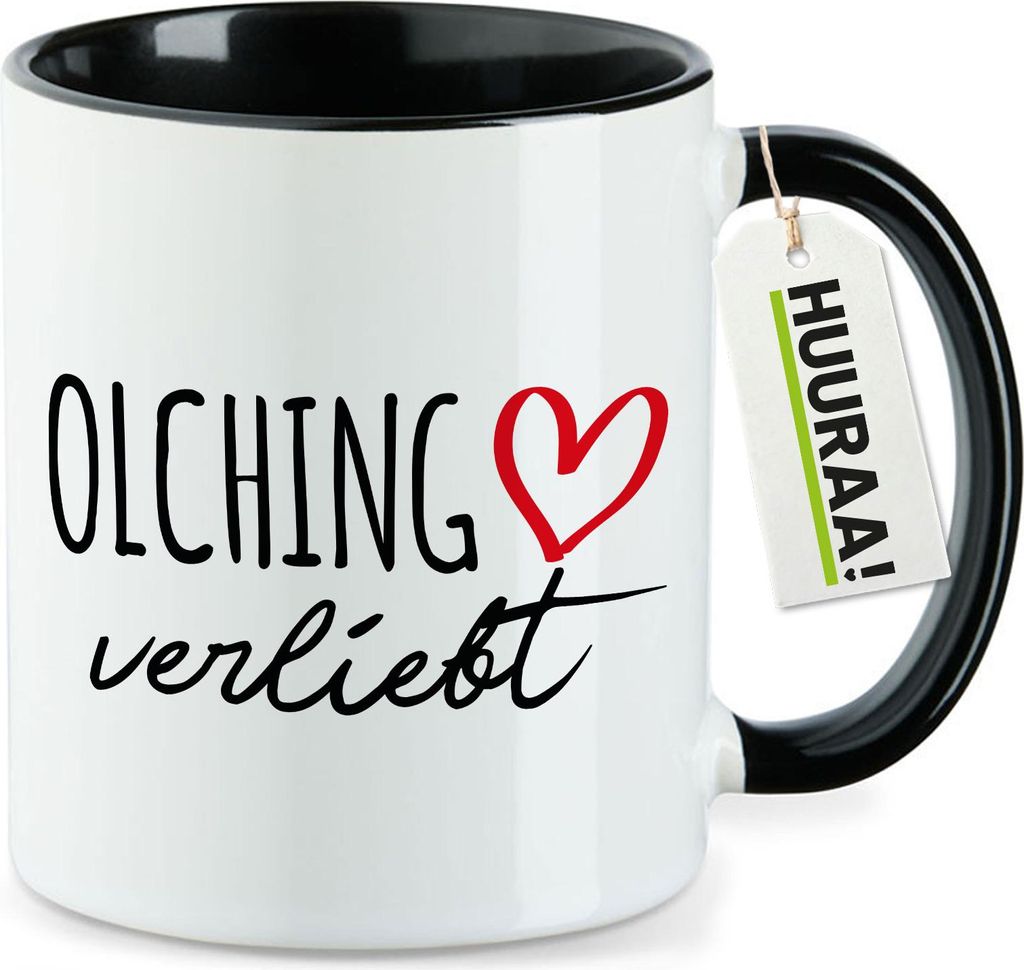 Huuraa Kaffeetasse Olching verliebt 330ml Schwarz Keramik Kaffeebecher Geschenkidee