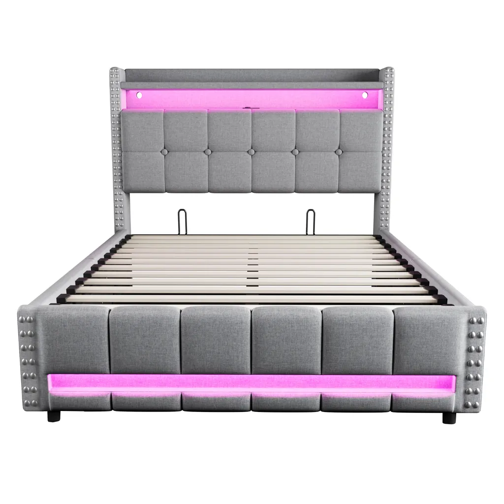 Lit Boxspring 140x200cm avec Coffre de Rangement Hydraulique en Gris